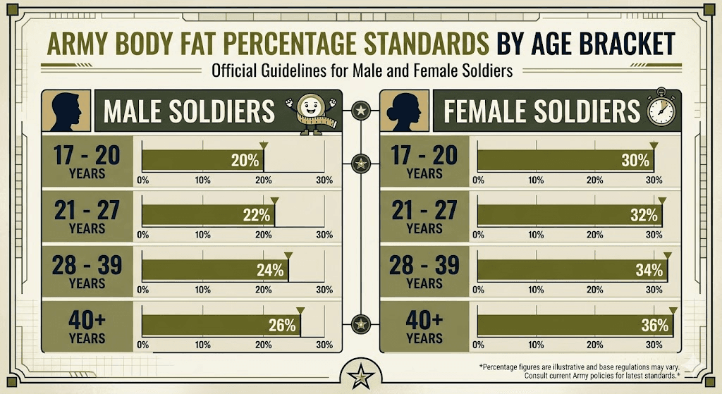 Army body fat standards chart by age and gender (AR 600-9) reference (AI-Generated Image)