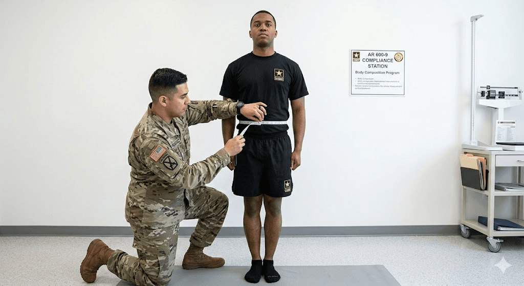 AR 600-9 one-site tape test procedure: waist measurement at the navel for Army body fat standards (AI-Generated Image)
