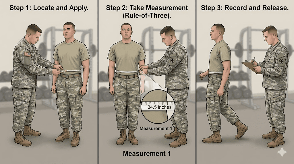 AR 600-9 tape test steps: measuring waist for Army body fat percentage calculation (AI-Generated Image)