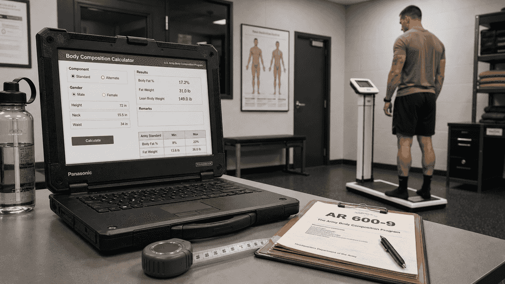 AR 600-9 calculator before Army weigh-in and body fat check