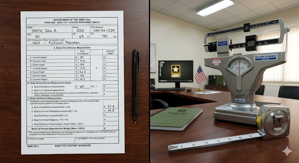 Official Army body fat calculator testing procedures (AR 600-9, AI-Generated Image)