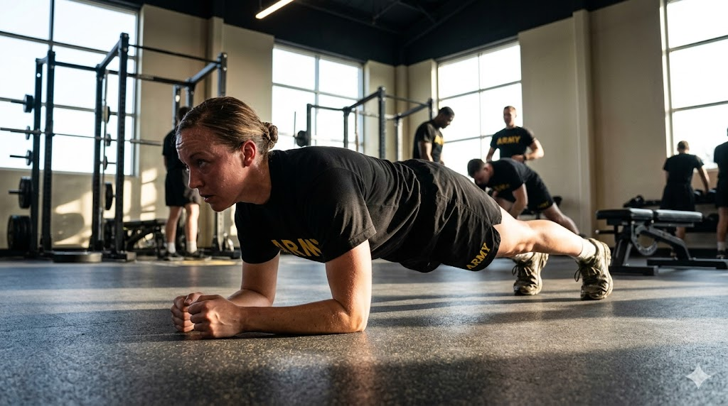 Female Soldier calculating Army body fat percentages (AR 600-9, AI-Generated Image)