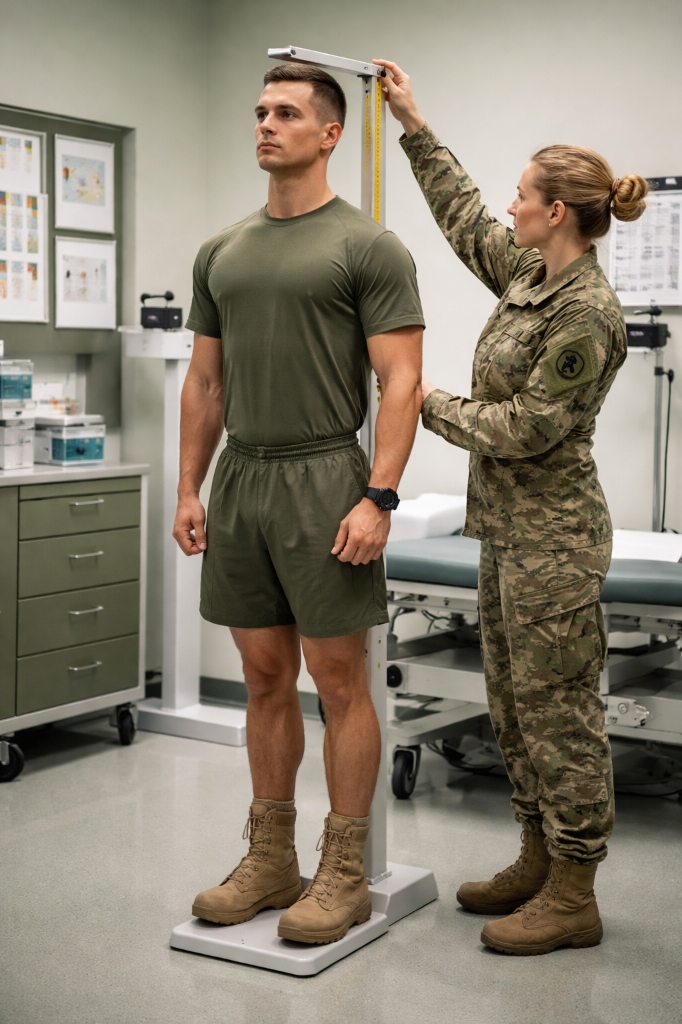 Soldier having their height measured by a certified tester for Army height and weight screening