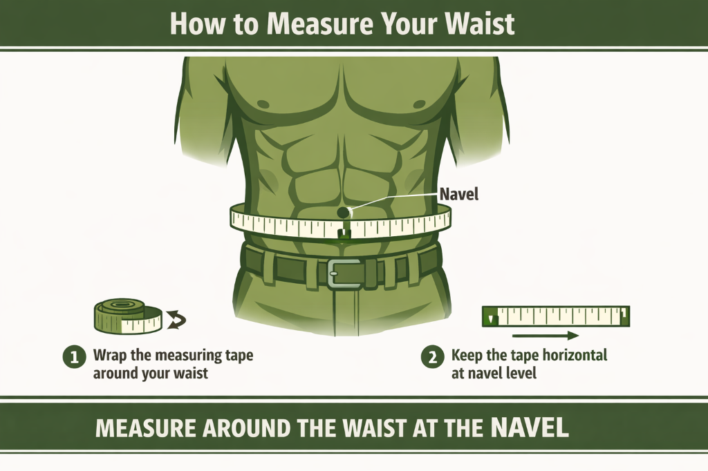 Step-by-step diagram showing how to measure waist at the navel level for the Army tape test